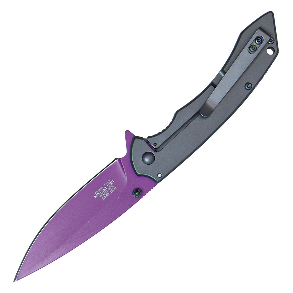 Assisted Open Folding Pocket Knife with Grey handle and Purple Blade view 2